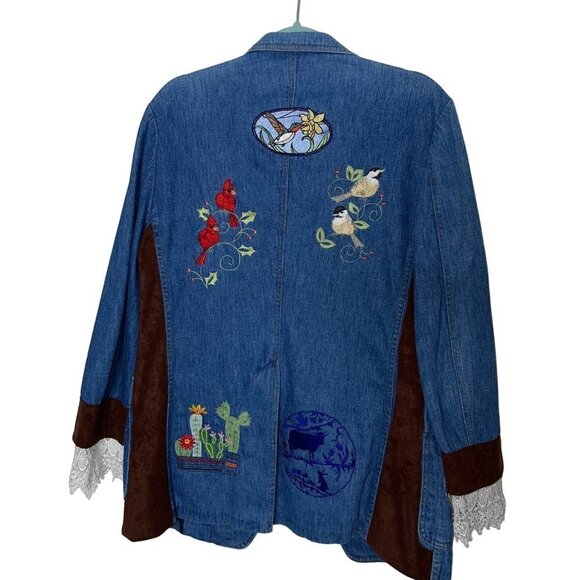 Lee Set Vintage Womens Blazer Size Large Upcycled Denim Patch Embroidered Lace - Picture 2 of 16